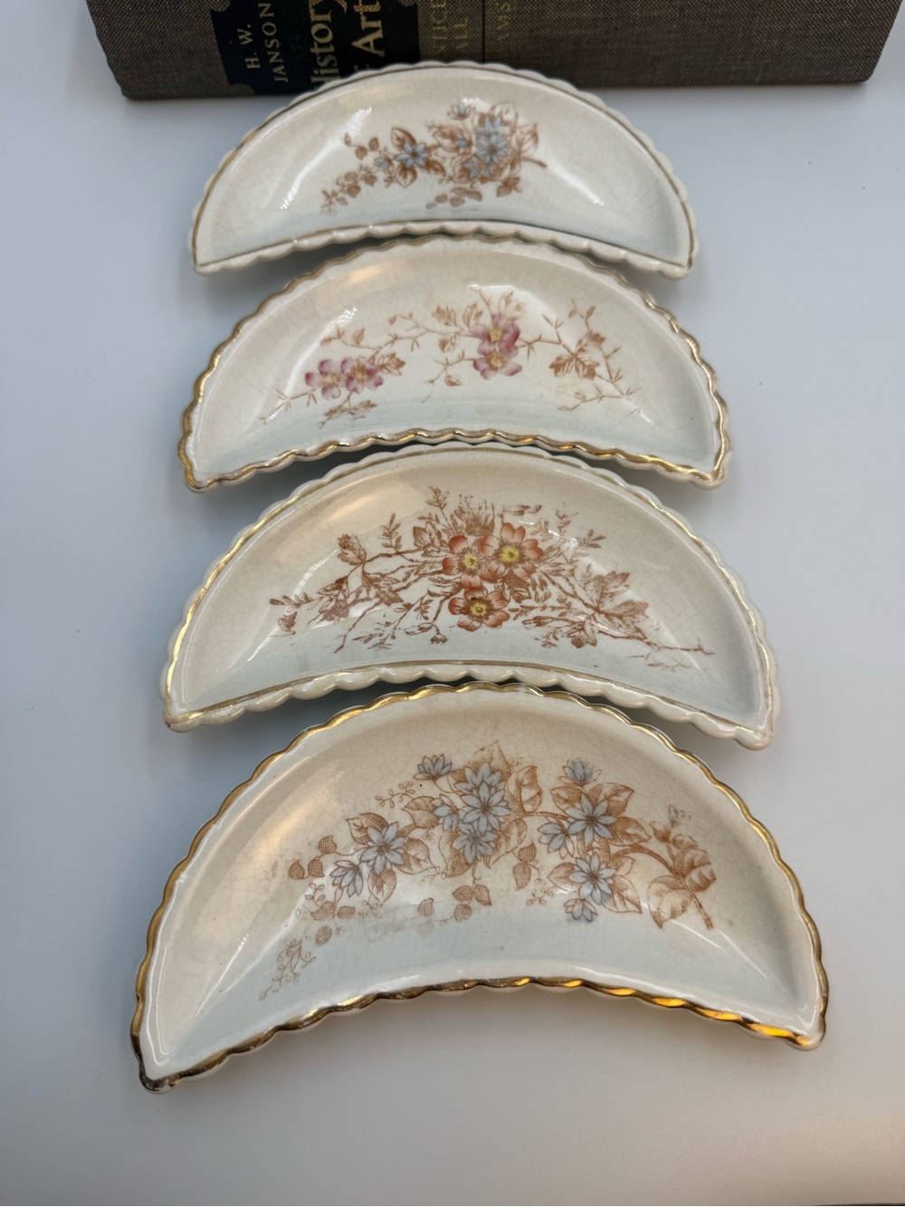 4 Vintage Floral Bone Dishes Gold Accented with Crazing